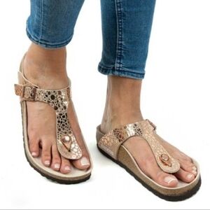 Birkenstock Womens Gizeh Metallic Stones Copper Gold Birko-Flor Sandals, New, 10